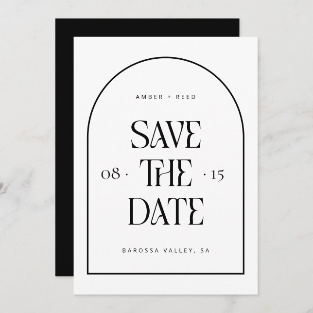 Retro Schwarz & Weiß Arch Minimal Moderner Schrift Save The Date (Vorne/Hinten)