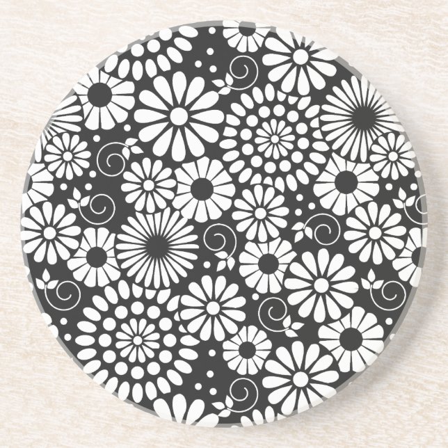 Retro Schwarz-Weiß-Blumen-Getränkeuntersetzer Sandstein Untersetzer (Vorne)