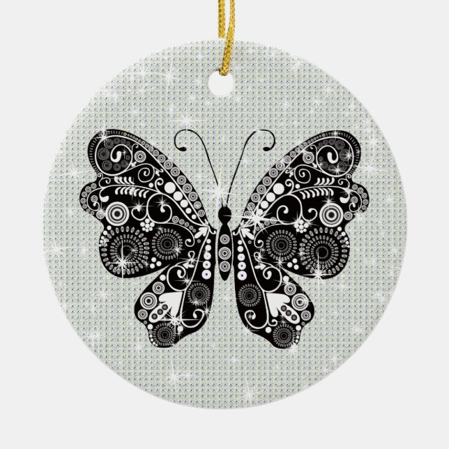 Retro Schwarz & Weiß Butterfly Keramik Ornament (Vorne)
