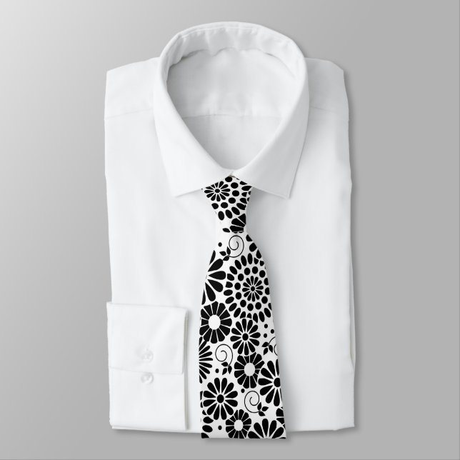 Retro Schwarz-Weiß Chic Folk Blumen Muster Krawatte (Gebunden)