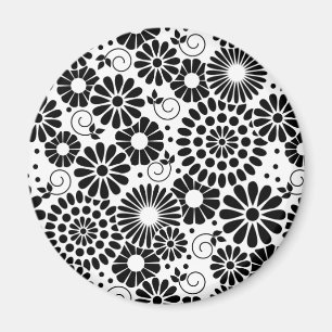Retro Schwarz-Weiß Chic Folk Blumen Muster Magnet