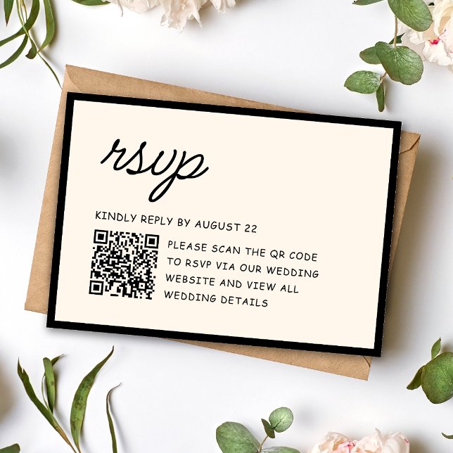 Retro Schwarz-Weiß-Hochzeits-QR-Code RSVP Karte (Retro black and ivory QR code RSVP card makes guest replies quick and stylish.)