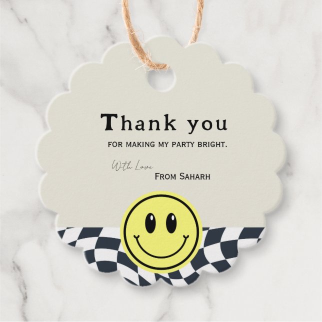 Retro schwarz-weiß karierte Babydusche Danke Geschenkanhänger (Vorderseite)