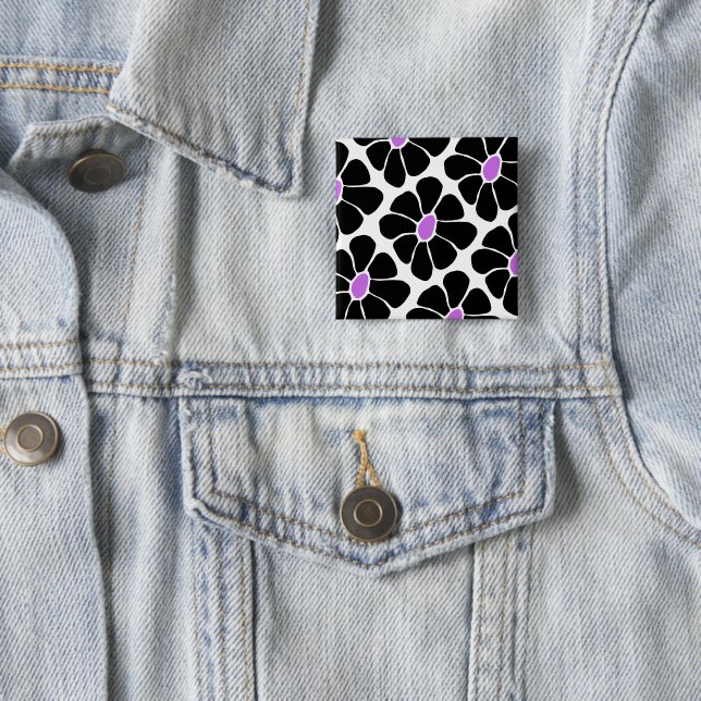 Retro Schwarz-Weiß-Lila Gänseblümchen-Muster Button (Beispiel)