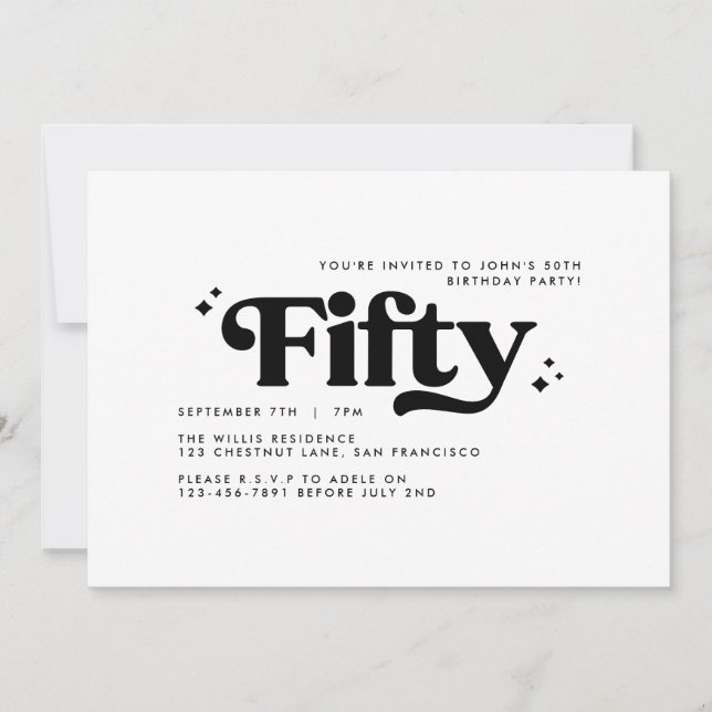 Retro Schwarz-weiß modern minimalistisch 50. Gebur Einladung (Vorderseite)
