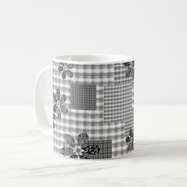 Retro Schwarz-Weiß-Patchwork-Landhaus-Stil Muster Kaffeetasse (Vorderseite Links)