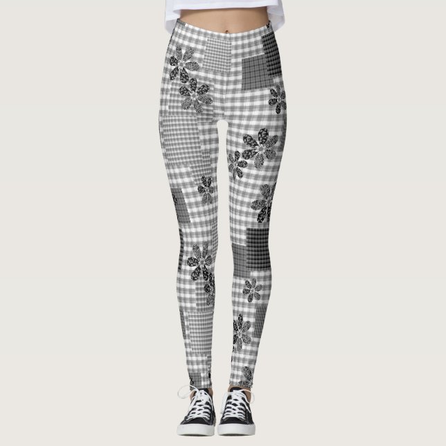 Retro Schwarz-Weiß-Patchwork-Landhaus-Stil Muster Leggings (Vorderseite)