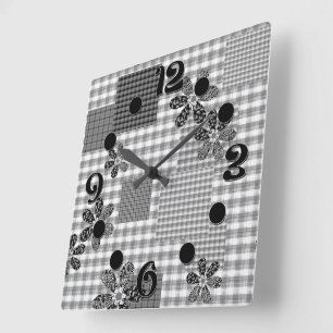 Retro Schwarz-Weiß-Patchwork-Landhaus-Stil Muster Quadratische Wanduhr