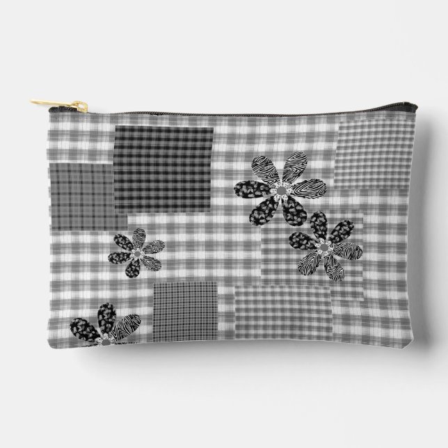 Retro Schwarz-Weiß-Patchwork-Landhaus-Stil Muster Zubehörtasche (Vorderseite)