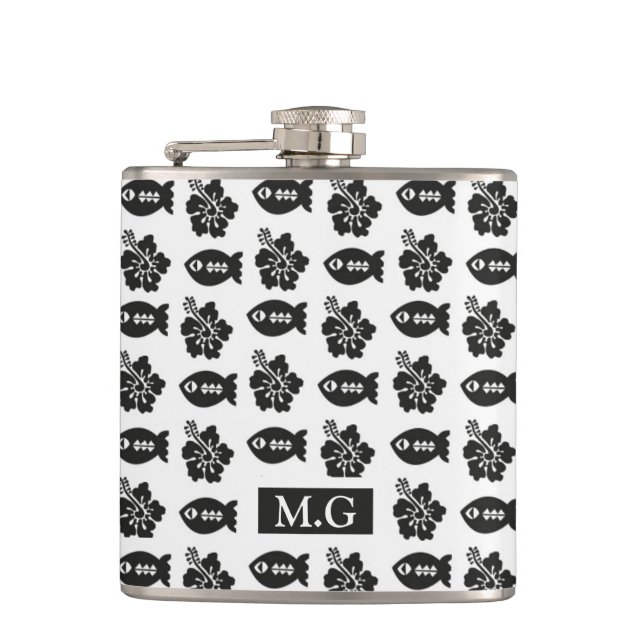 Retro Schwarz-Weiß-Tiki-Muster Monogramm Flachmann (Vorderseite)