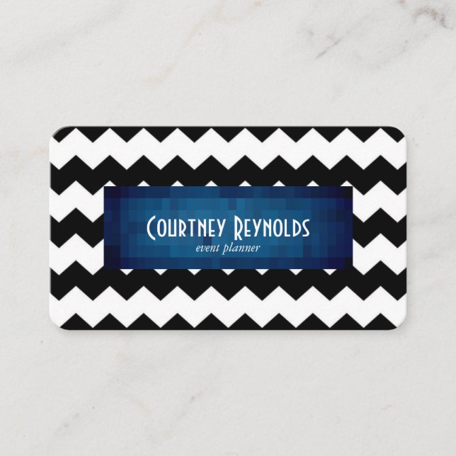 Retro Schwarz/Weiß Zickzack Blau Geometrisch Visitenkarte (Vorderseite)