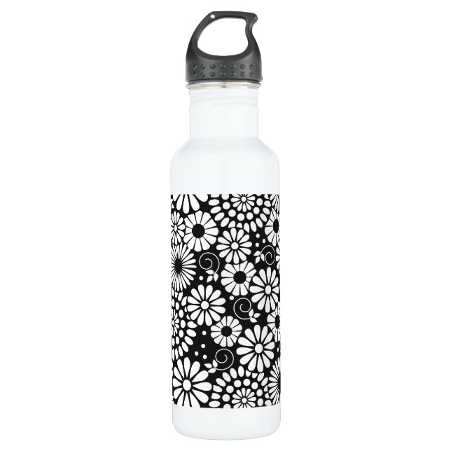 Retro Schwarz-weiße Blume Trinkflasche (Vorderseite)