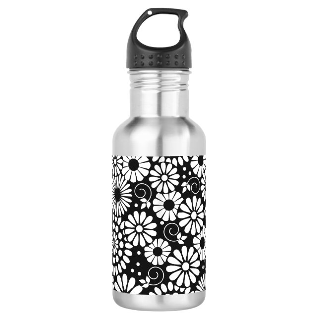 Retro Schwarz-weiße Blume Trinkflasche (Vorderseite)