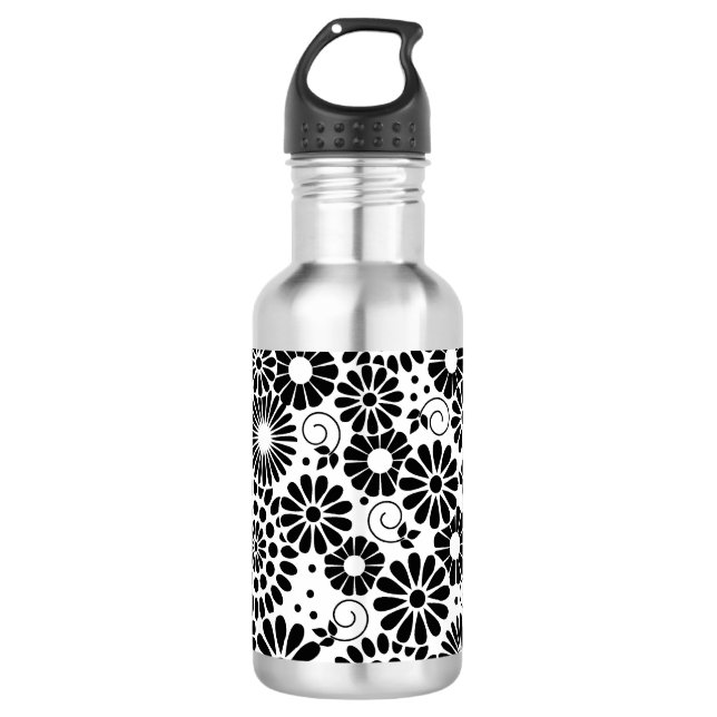 Retro Schwarz-weiße Blume Trinkflasche (Vorderseite)
