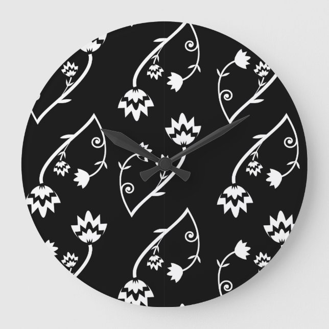 Retro-Schwarz-weiße Blume Wall Clock Große Wanduhr (Vorderseite)