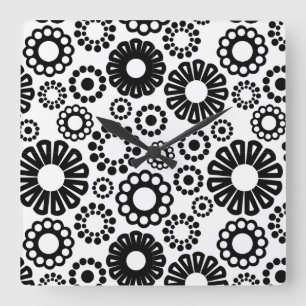 Retro-Schwarz-weiße Blume Wall Clock Quadratische Wanduhr