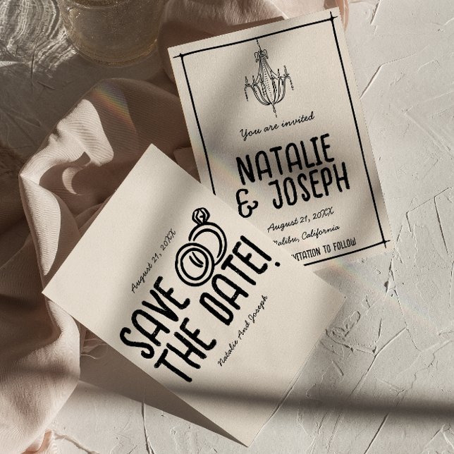 Retro Schwarz-weiße Hand gezeichnet Quirky Einziga Save The Date (Von Creator hochgeladen)