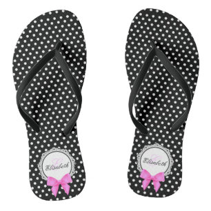 Retro Schwarz-weiße Polka Punkt rosa Bug Name Frau Flip Flops