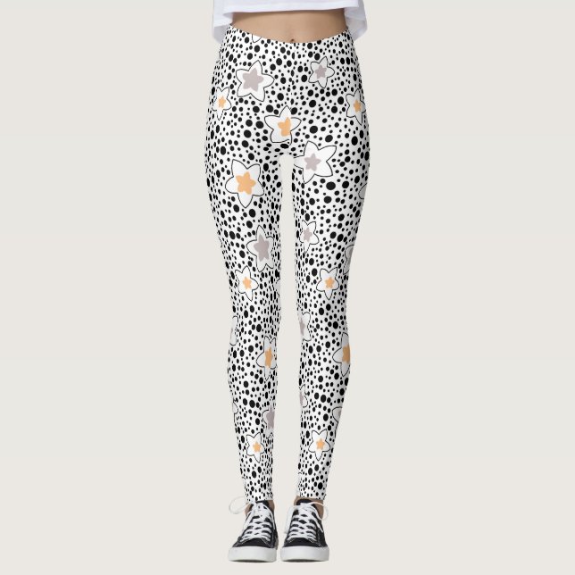 Retro schwarz-weiße Polka Punkte mit Sternen Leggings (Vorderseite)