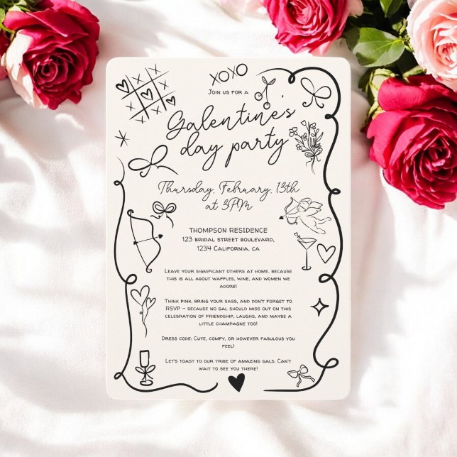 Retro Schwarzbeige Quirky Galentine's Day Party Einladung (Retro black beige Quirky Galentine's Day Party Invitation)