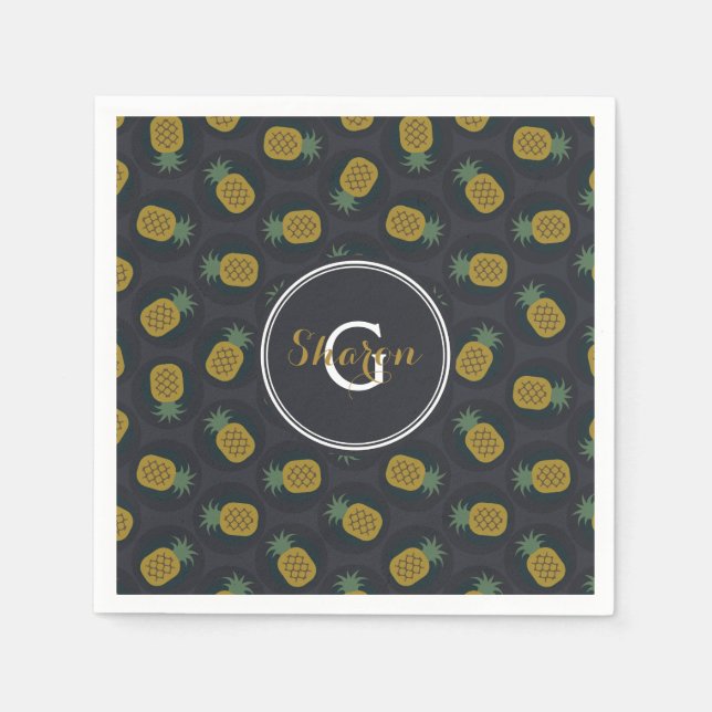 Retro-schwarze Ananasmuster mit goldener Monogramm Serviette (Vorderseite)