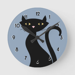 Retro Schwarze Katze blau Runde Wanduhr