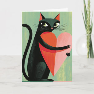 Retro schwarze Katze Herz Grün Valentinstag Karte