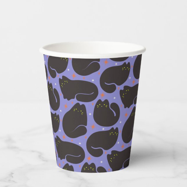 Retro-Schwarze Katze in Lila Pappbecher (Vorderseite)