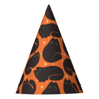 Retro-Schwarze Katze in Orange Partyhütchen