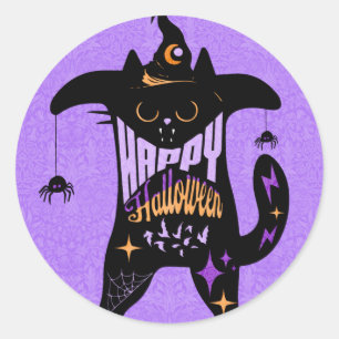 Retro schwarze Katze lustiges Halloween    Runder Aufkleber