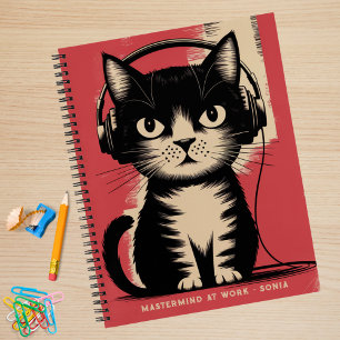 Retro-Schwarze Katze, Meisterhirn bei der Arbeit & Notizbuch