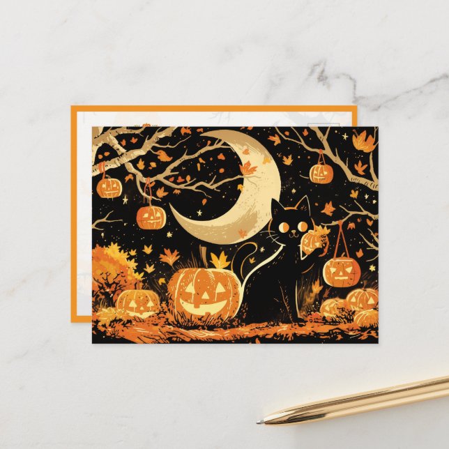Retro schwarze Katze mit Jack-o’-Lanterns Postkarte (Vorderseite/Rückseite Beispiel)
