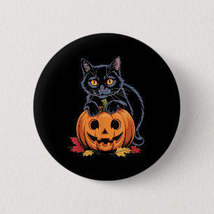 Retro-Schwarze Katze mit Kürbis-Halloween-Kostüm Button