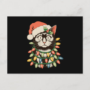 Retro-Schwarze-Katze-Weihnachtslichter Lustige Wei Feiertagspostkarte
