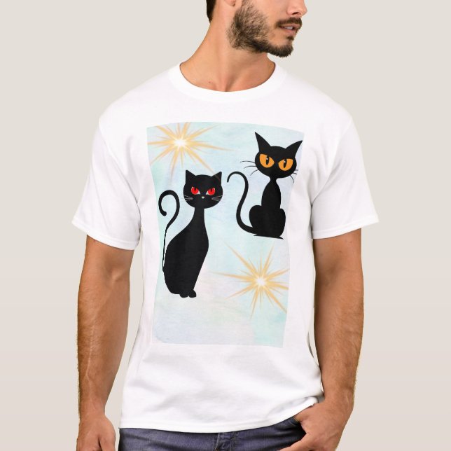 Retro schwarze Katzen mit Sternexplosion T-Shirt (Vorderseite)