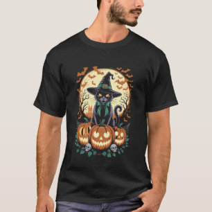 Retro schwarze Katzenhexe gruseliger Halloween-Kür T-Shirt