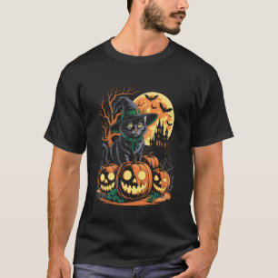 Retro schwarze Katzenhexe gruseliger Halloween-Kür T-Shirt