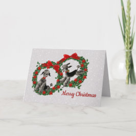 Retro schwarze Pudel in den Poinsettia-Kränzen Karte