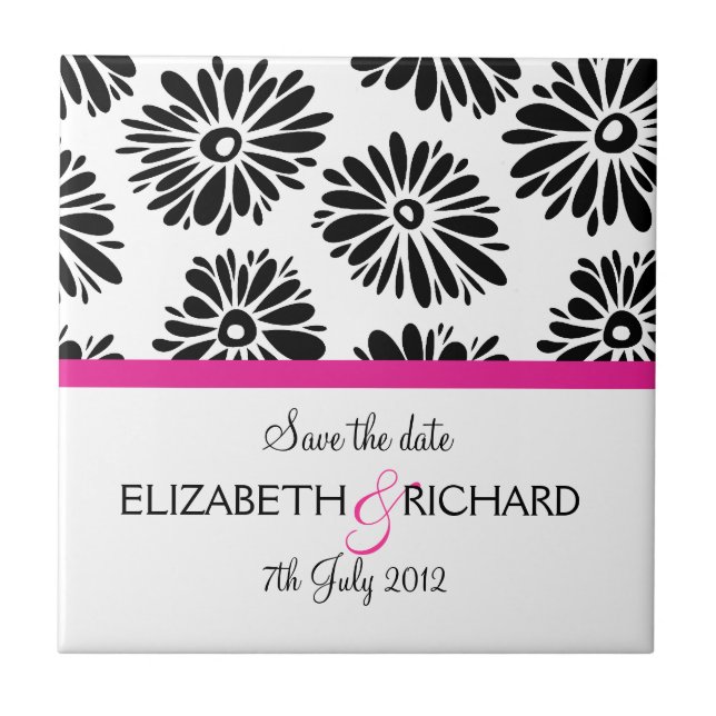 Retro-schwarze weiße Blumen "Save the Date" Kachel (Vorderseite)