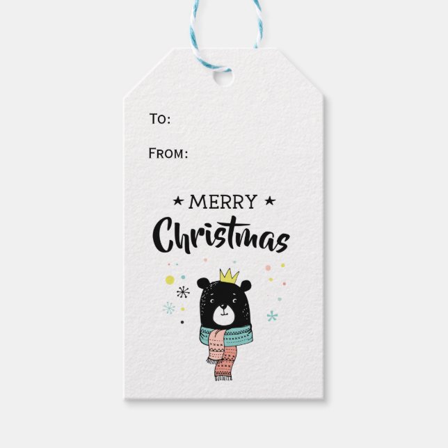 Retro schwarzer Bärenschal fröhliche Weihnachtsste Geschenkanhänger (Vorderseite)