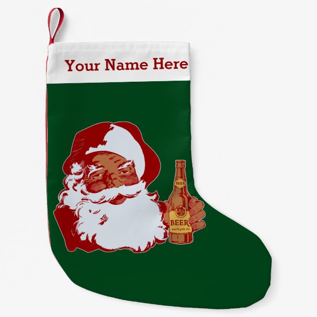 Retro schwarzes Weihnachtsmann-Bier-lustiger Kleiner Weihnachtsstrumpf (Vorderseite)