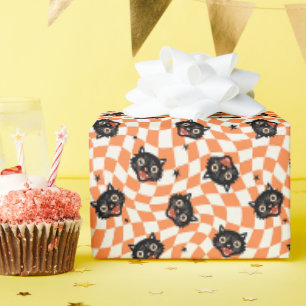 Retro Schwarzkatze Orange Karomuster Geschenkpapier