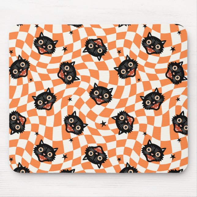 Retro Schwarzkatze Orange Karomuster Mousepad (Vorne)