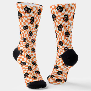 Retro Schwarzkatze Orange Karomuster Socken