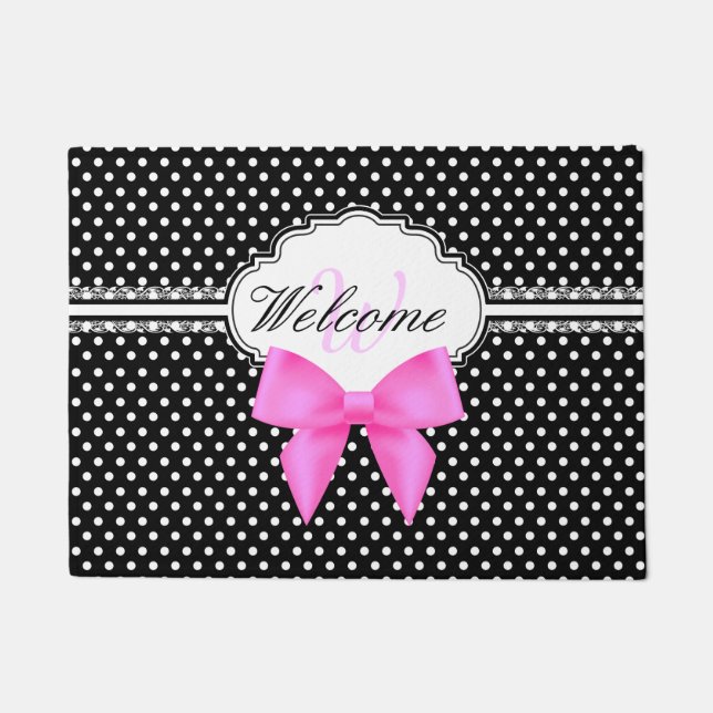 Retro Schwarzweiss-Tupfenrosa-Bogenmonogramm Fußmatte (Vorderseite)