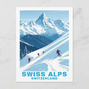 Retro Schweizer Alpen Skifahren, Schweiz Reise Postkarte