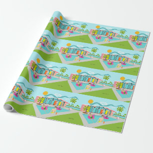 Retro-Schwulen-Rosa-Flamingo-Poolparty Geschenkpapier