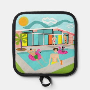 Retro-Schwulen-Rosa-Flamingo-Poolparty Topflappen