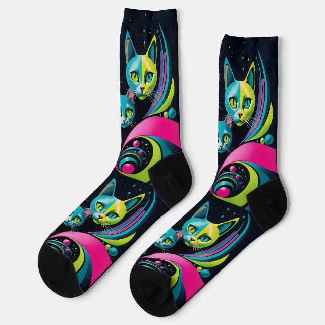 Retro Sci Fi Cartoon Cats Socken (Linkes Detail)