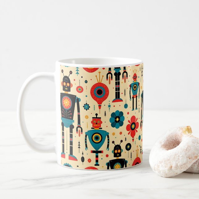Retro Sci Fi Cartoon Robot-Muster Kaffeetasse (Mit Donut)